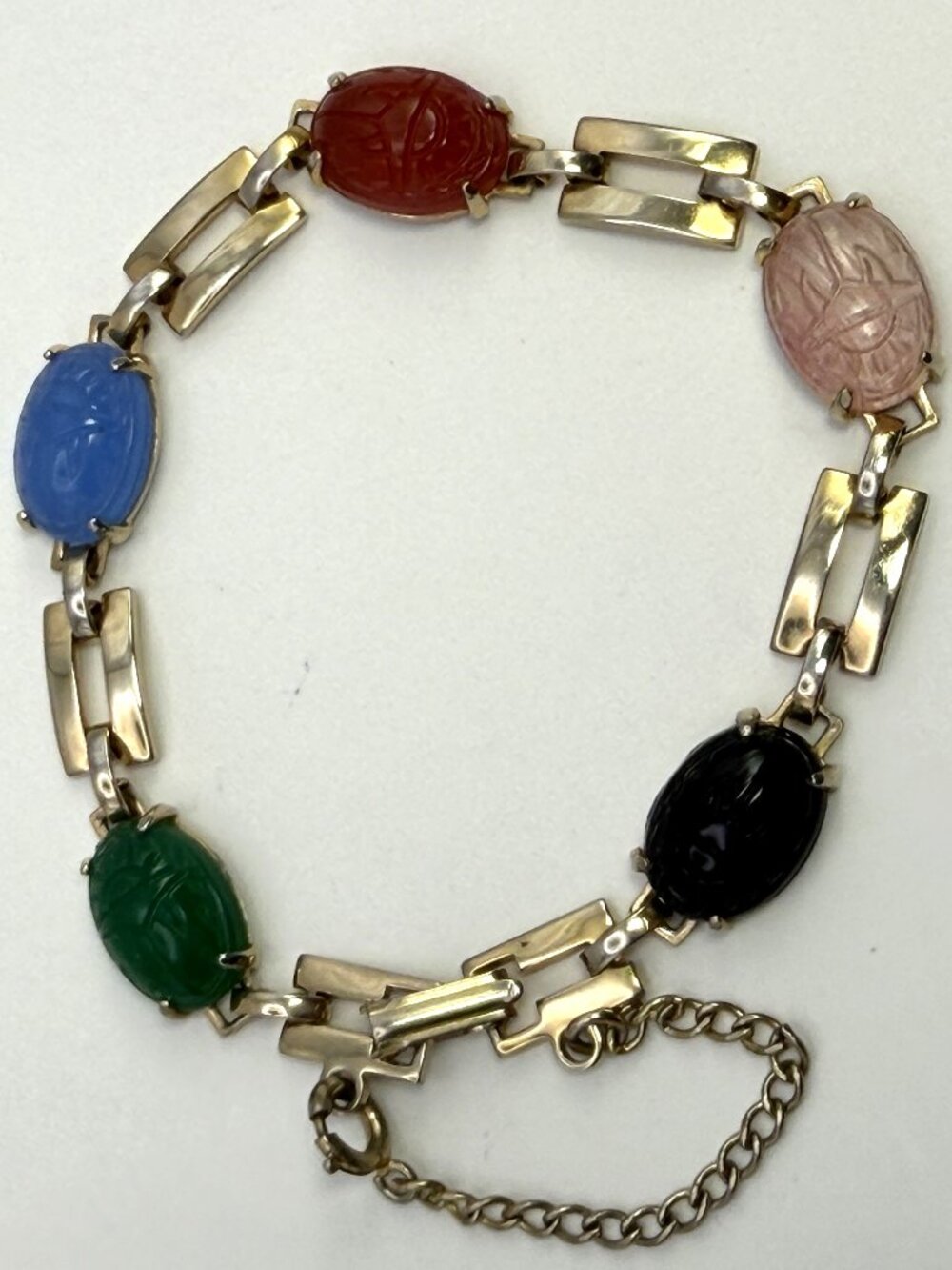 Vintage Scarab Bracelet Jewel Tone Glass Link Safety Chain Gold Tone 7.25”